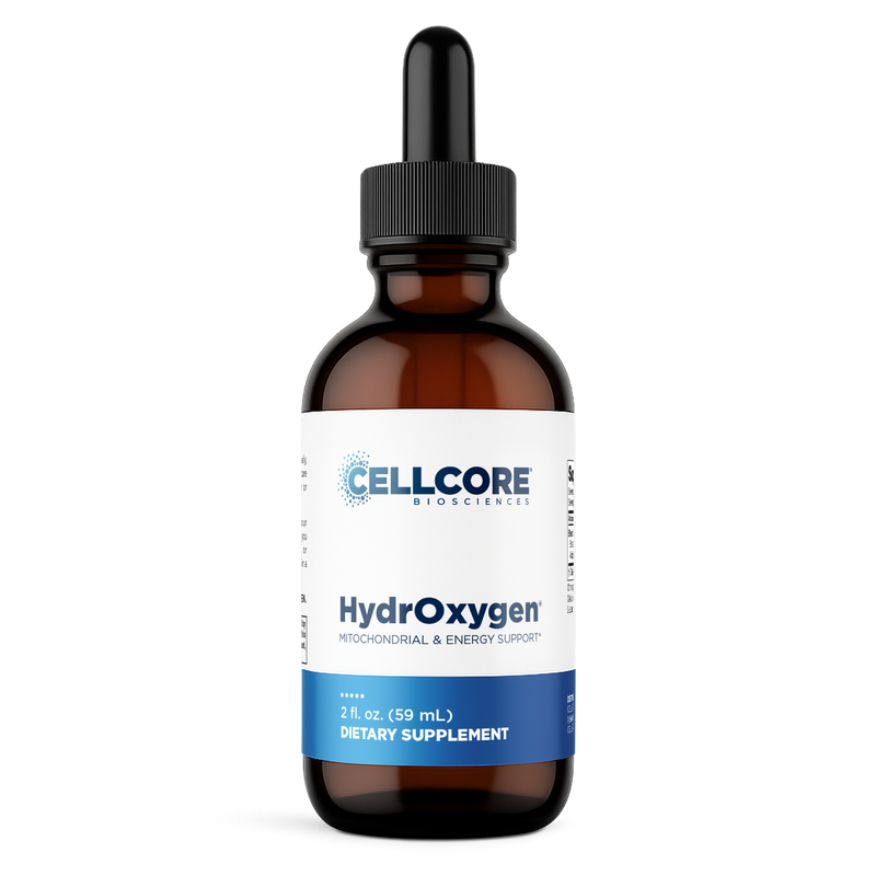 CellCore Biosciences HydrOxygen 2 oz dietary supplement in an amber dropper bottle with white and blue label