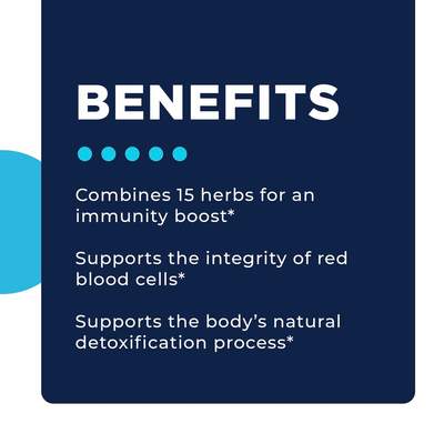 CellCore IS-BAB 4 oz benefits graphic highlighting immune, red blood cell, and natural detox support claims