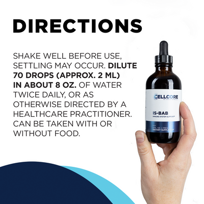 CellCore Biosciences IS-BAB 4 oz dropper bottle held in hand beside printed dosage directions on white background