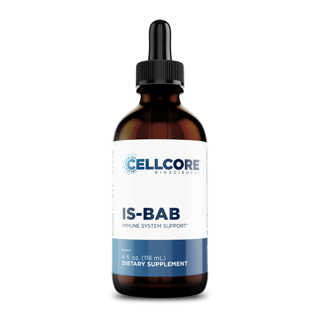 CellCore Biosciences IS-BAB immune system support 4 oz brown glass dropper bottle with white and blue label