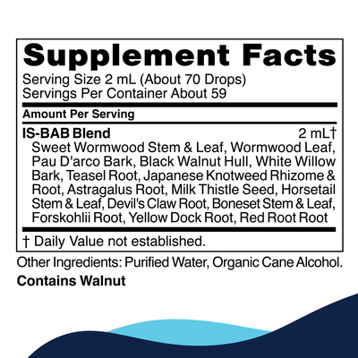CellCore Biosciences IS-BAB 4 oz supplement facts label showing herbal blend ingredients and serving size details