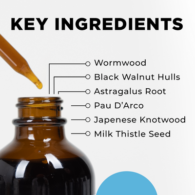 CellCore Biosciences IS-BAB 4 oz tincture bottle with dropper and text listing key herbal ingredients on a white background