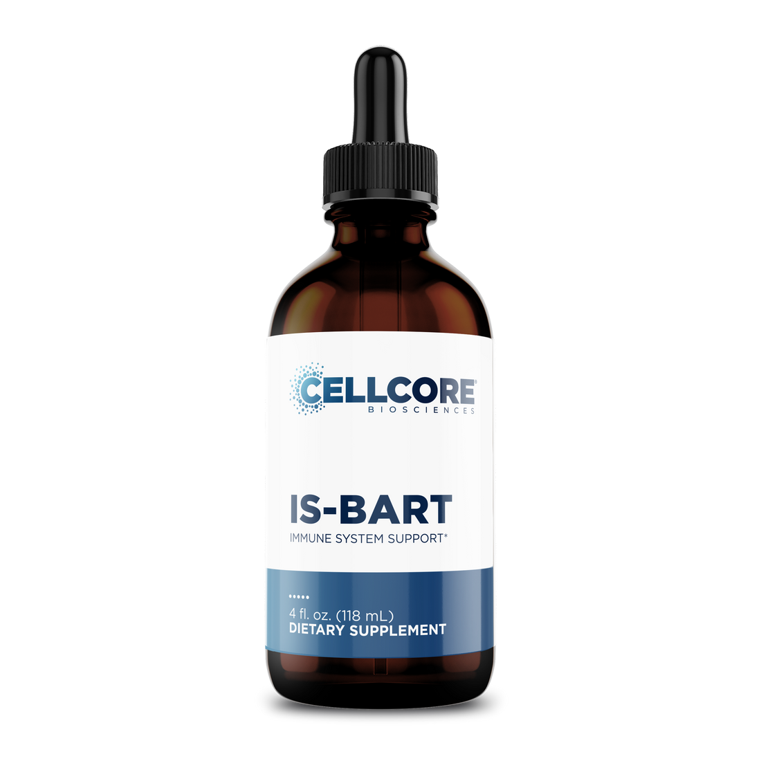 CellCore Biosciences IS-BART 4 oz immune system support dietary supplement in amber dropper bottle with white and blue label