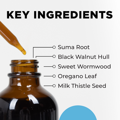 CellCore IS-BART 4 oz tincture bottle with dropper, listing key ingredients like suma root, black walnut hull, and milk thistle seed
