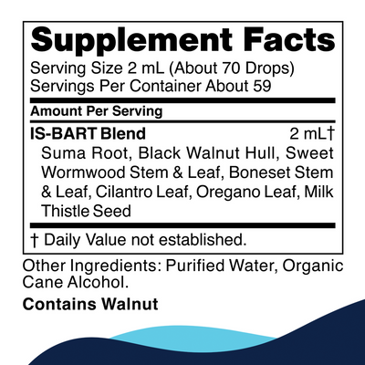 CellCore Biosciences IS-BART 4 oz supplement facts panel listing herbal blend ingredients and walnut allergen warning