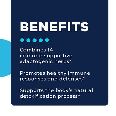 CellCore Biosciences IS-BOOST benefits graphic highlighting immune support, adaptogenic herbs, and detox support claims
