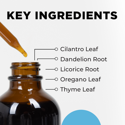 CellCore IS-BOOST 4 oz tincture bottle with dropper and text listing key herbal ingredients: cilantro, dandelion, licorice, oregano, thyme