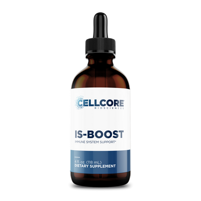 CellCore Biosciences IS-BOOST 4 oz amber dropper bottle with white and blue immune support label shown from the front