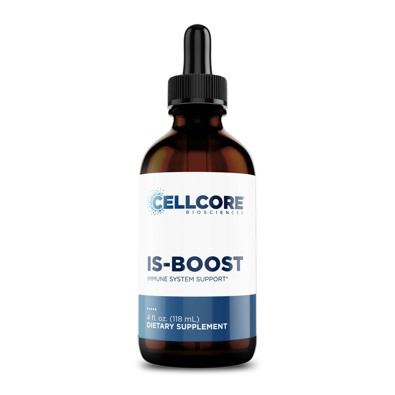 CellCore Biosciences IS-BOOST 4 oz amber dropper bottle with white and blue immune support label shown from the front