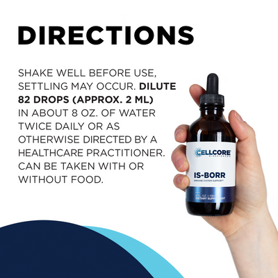 CellCore Biosciences IS-BORR 4 oz dropper bottle held in hand beside printed dosing directions on white background