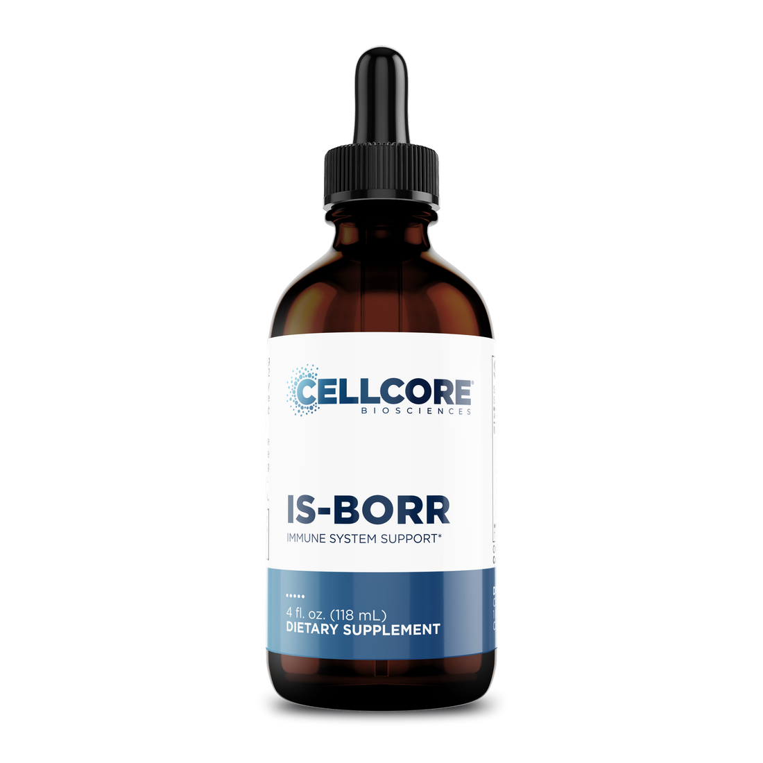 CellCore Biosciences IS-BORR 4 oz dietary supplement in an amber dropper bottle with white and blue label front view