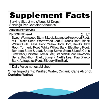CellCore Biosciences IS-BORR 4 oz supplement facts label listing herbal blend ingredients and walnut allergen warning