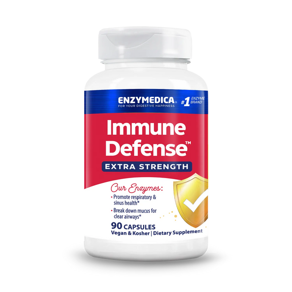 Enzymedica Immune Defense Extra Strength 90 capsules bottle front with red and blue label and shield graphic.