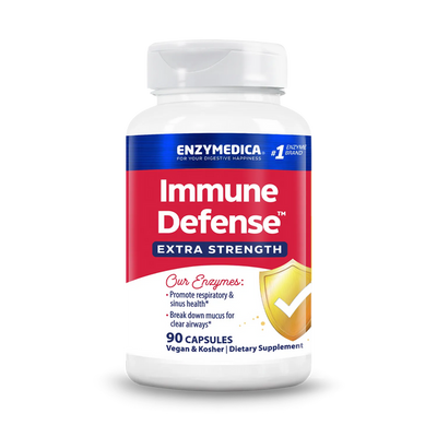 Enzymedica Immune Defense Extra Strength 90 capsules bottle front with red and blue label and shield graphic.