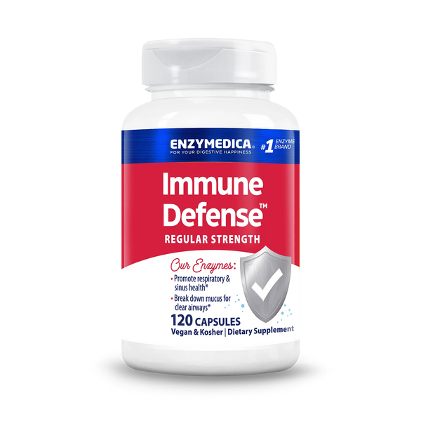 Enzyme Science Immune Defense Regular Strength 120 Capsules bottle front with red, white, and blue label and shield graphic
