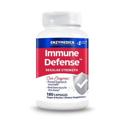 Enzyme Science Immune Defense Regular Strength 180 Capsules bottle front with red, blue and white label and shield graphic