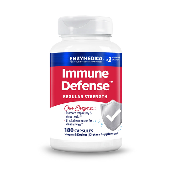 Enzyme Science Immune Defense Regular Strength 180 Capsules bottle front with red, blue and white label and shield graphic