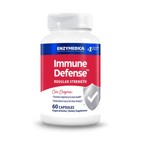 Enzyme Science Immune Defense Regular Strength 60 Capsules bottle front with red, blue and white label and shield graphic