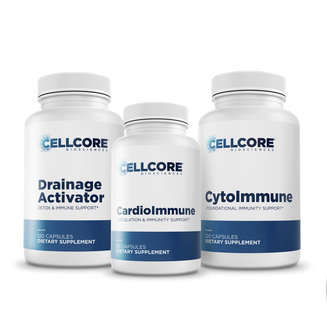 CellCore Biosciences ImmunoSpike Kit showing Drainage Activator, CardioImmune, and Cytolmmune white capsule bottles front labels