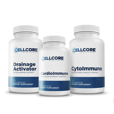 CellCore Biosciences ImmunoSpike Kit showing Drainage Activator, CardioImmune, and Cytolmmune white capsule bottles front labels