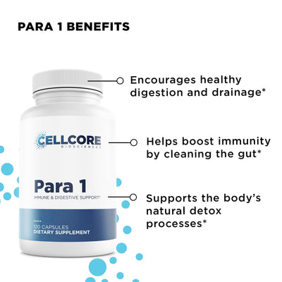CellCore Para 1 bottle front showing immune and digestive support benefits text on a white and blue supplement label