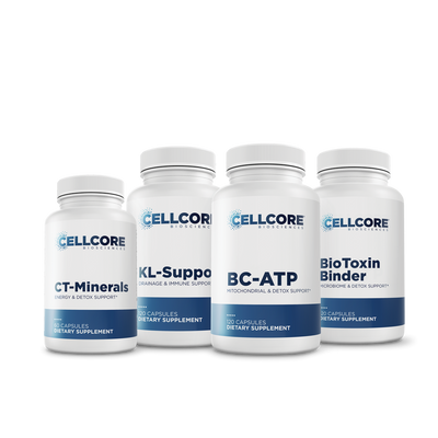 CellCore Biosciences Jumpstart Kit four white capsule bottles CT-Minerals, KL Support, BC-ATP, and BioToxin Binder
