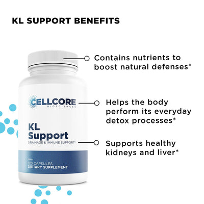 CellCore Biosciences KL Support bottle highlighting benefits for detox, immune support, and healthy kidneys and liver
