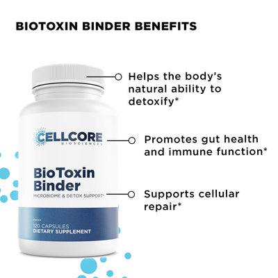 CellCore Biosciences BioToxin Binder bottle with text highlighting detox, gut and immune support, and cellular repair benefits