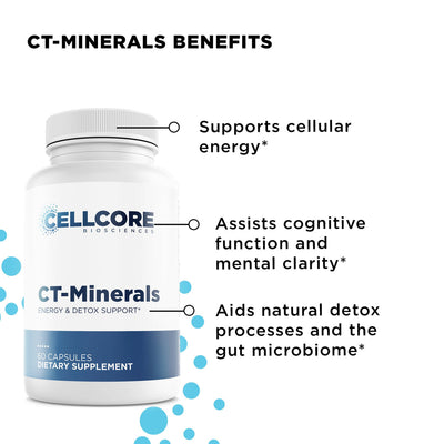 CellCore CT-Minerals bottle highlighting benefits like cellular energy, cognitive support, detox processes, and gut microbiome support