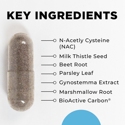 CellCore Biosciences KL Support capsule with text listing key ingredients like NAC, milk thistle seed, beet root, and BioActive Carbon