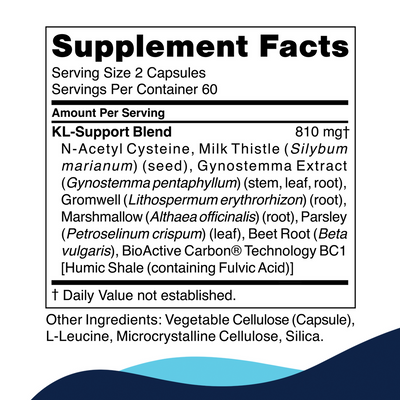 CellCore Biosciences KL Support 120 Capsules supplement facts label showing KL-Support Blend ingredients and serving details