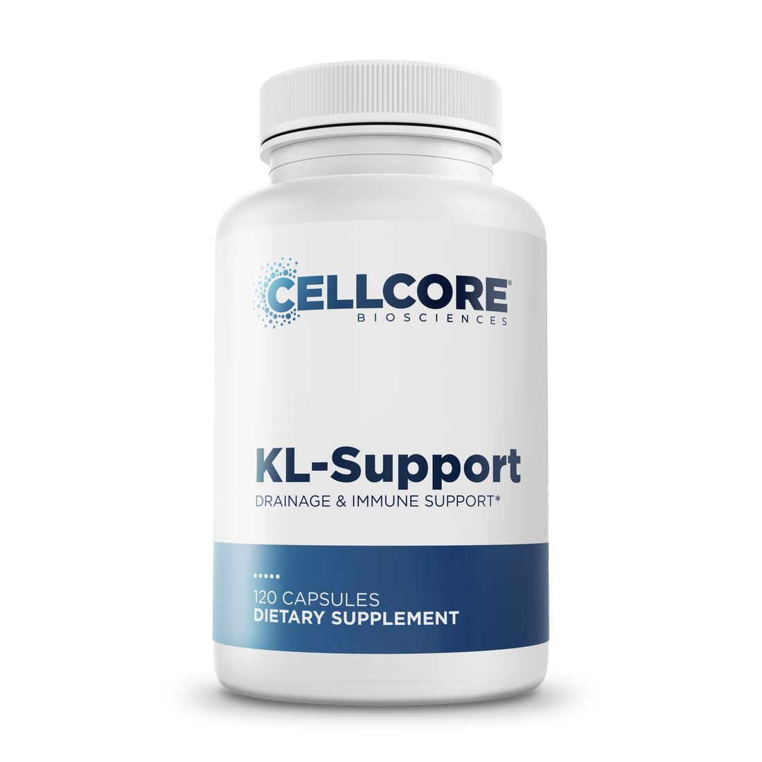 CellCore Biosciences KL Support 120 Capsules bottle front, white container with blue label for drainage and immune support