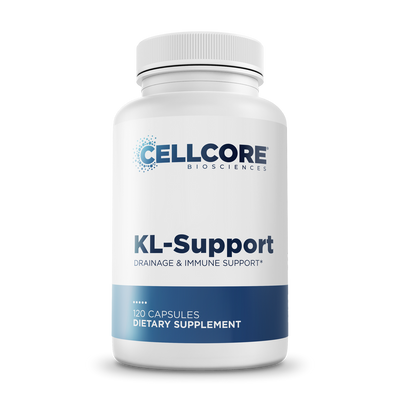 CellCore Biosciences KL Support 120 Capsules bottle front, white container with blue label for drainage and immune support