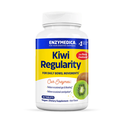 Enzymedica Kiwi Regularity 30 Tablets bottle front label with kiwi fruit image and digestive support claims