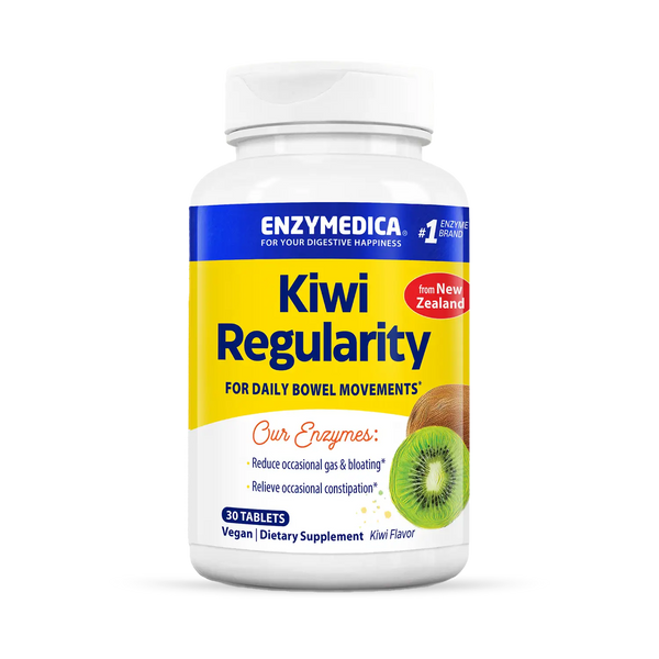 Enzymedica Kiwi Regularity 30 Tablets bottle front label with kiwi fruit image and digestive support claims
