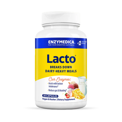 Enzymedica Lacto 30 Capsules bottle front, yellow and white label for dairy digestion support supplement