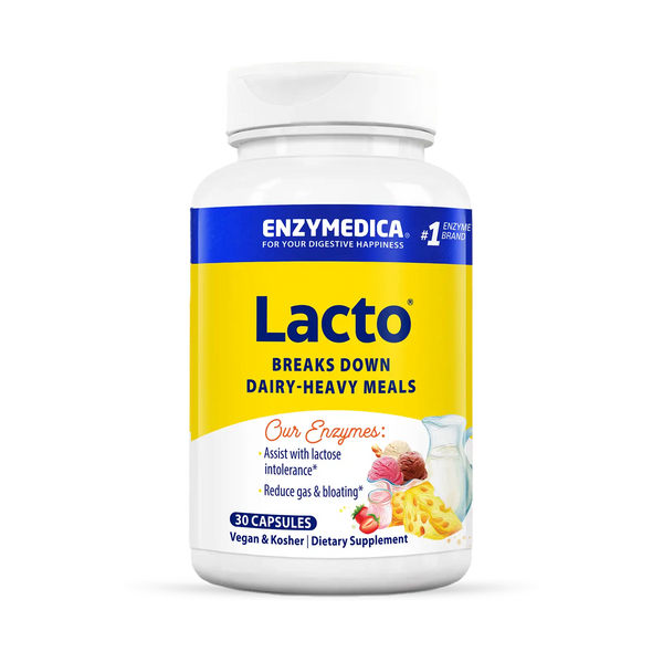 Enzymedica Lacto 30 Capsules bottle front, yellow and white label for dairy digestion support supplement