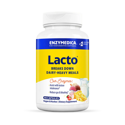 Enzymedica Lacto 90 Capsules bottle front, yellow and white label stating breaks down dairy-heavy meals