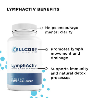 CellCore Biosciences LymphActiv bottle front showing 60-capsule dietary supplement and key lymph and immune support benefits