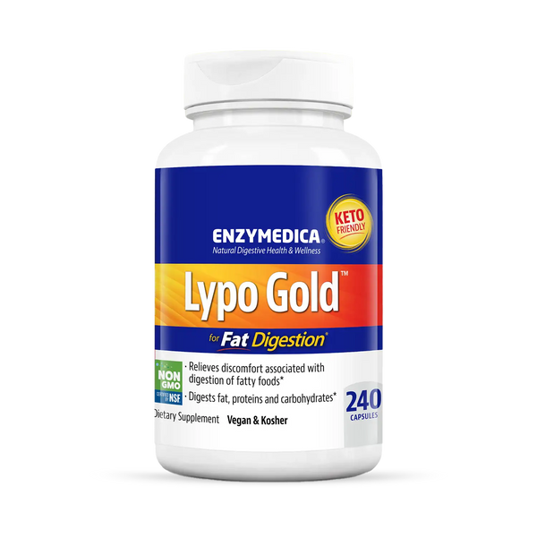 Enzymedica Lypo Gold 240 Capsules bottle front, blue and orange label highlighting fat digestion and keto friendly benefits