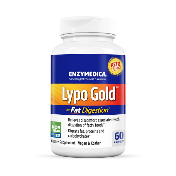Enzymedica Lypo Gold 60 Capsules bottle front, blue and white label for fat digestion, keto friendly, vegan and kosher.