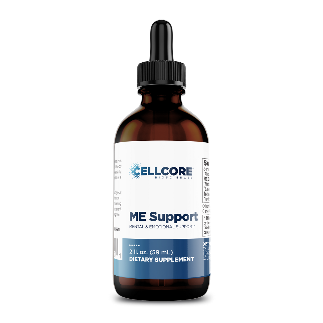 CellCore Biosciences ME Support 2 oz dietary supplement in an amber glass dropper bottle with white and blue label