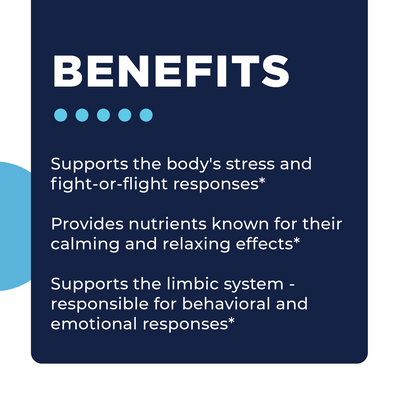 CellCore Biosciences ME Support 2 oz benefits graphic highlighting stress, calming, and limbic system support claims
