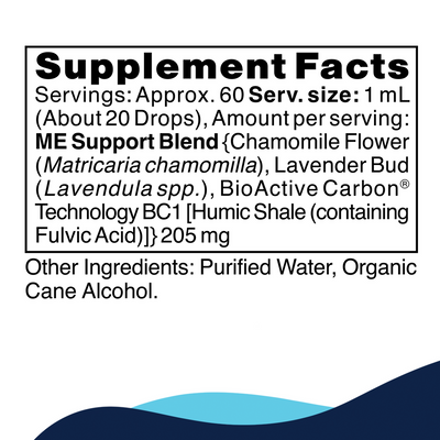 CellCore Biosciences ME Support 2 oz supplement facts label listing ME Support Blend ingredients and other components