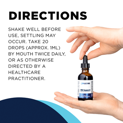 CellCore Biosciences ME Support 2 oz dropper bottle held in hands with usage directions text on a white background