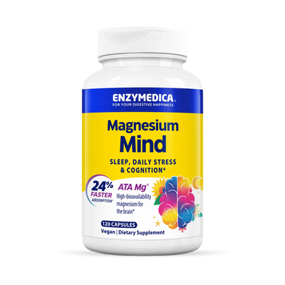 Enzymedica Magnesium Mind 120 Capsules bottle front, yellow and blue label with brain graphic and sleep and stress support text