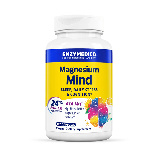 Enzymedica Magnesium Mind 120 Capsules bottle front, yellow and blue label with brain graphic and sleep and stress support text