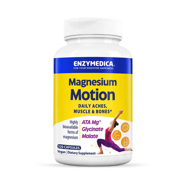 Enzymedica Magnesium Motion 120 Capsules bottle front with yellow label and yoga figure design
