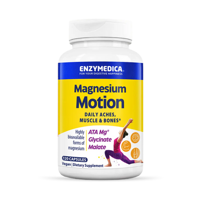 Enzymedica Magnesium Motion 120 Capsules bottle front with yellow label and yoga figure design