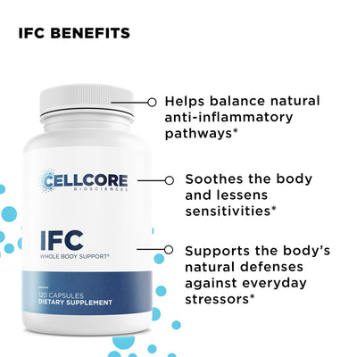CellCore Biosciences IFC bottle front highlighting whole body support and listed anti-inflammatory, soothing, and defense benefits